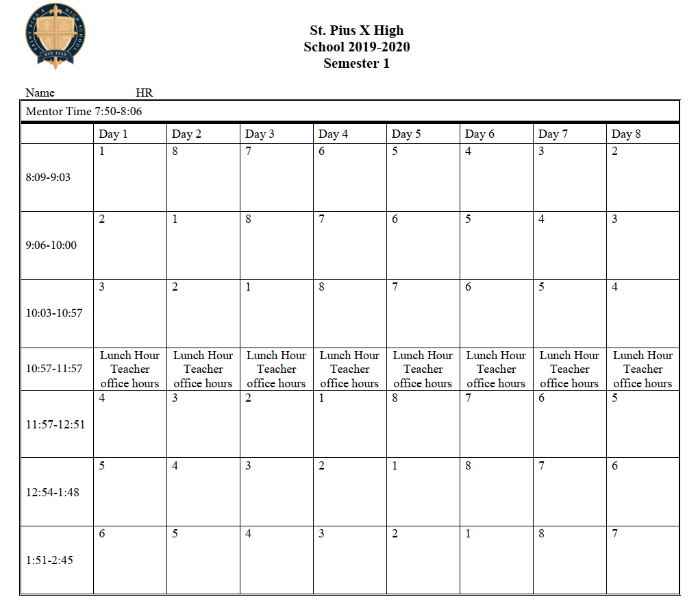 St. Pius X Daily Schedule