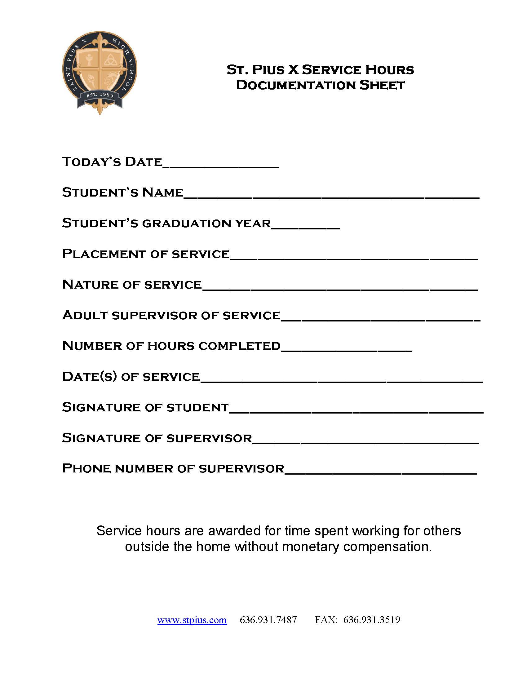 Staley High Service Hours Form.pdf St. Pius X | Faith Formation